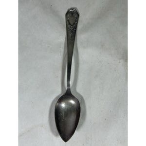 May include: A silver-toned metal spoon featuring an elongated, pointed bowl and a slender handle. The handle is decorated with an embossed floral motif and a bow detail near the top, finished with a pointed, faceted tip at the very end.