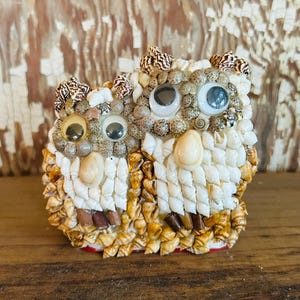 May include: A handcrafted owl figurine made from various seashells. The owl features large, googly eyes and is composed of white, tan, and brown shells. The base is a reddish color, and the owl is displayed on a wooden surface.