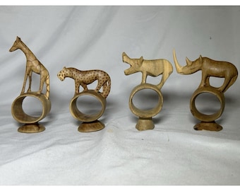 Vtg African Safari 4 Different Animals Wooden Napkin Holder Rings Hand Carved