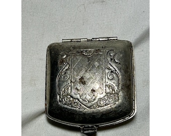 Vintage Art Deco Powder And Rouge Compact With Mirror Silver Tone Metal