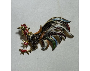 Vintage signed Spain Damascene Rooster Brooch Pin Chicken Brooch Gold Toned