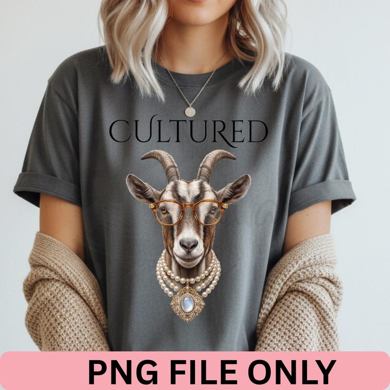 Puede incluir: Camiseta gris oscuro con una cabra que lleva gafas y un collar de perlas. La palabra "CULTURED" est&aacute; impresa encima del gr&aacute;fico de la cabra. La parte inferior de la camiseta tiene el texto "PNG FILE ONLY" en un rect&aacute;ngulo rosa.