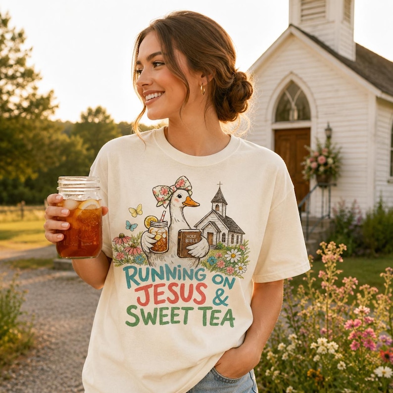 May include: A cream-colored t-shirt featuring a graphic of a duck wearing a floral bow, holding a glass of iced tea and a Holy Bible, standing near a church. The text reads RUNNING ON JESUS & SWEET TEA in green and red lettering.