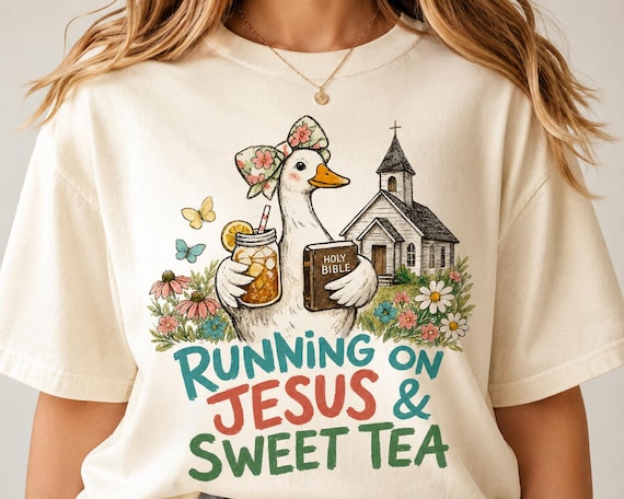Funny Goose Design: Running On Jesus & Green Tea PNG | Faith-Based Religious Art