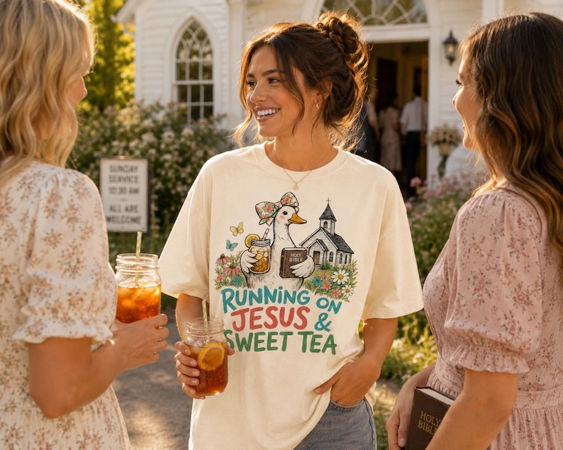 May include: A cream-colored t-shirt featuring a graphic of a duck wearing a floral bow, holding a mason jar of tea and a Holy Bible. Next to the duck is a church building and flowers. The text reads, "RUNNING ON JESUS & SWEET TEA."