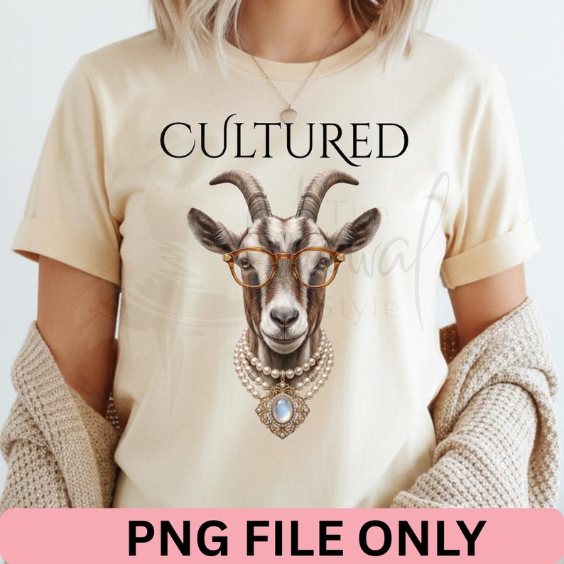 Puede incluir: Camiseta color crema con una cabra con gafas y un collar de perlas, con la palabra "CULTURED" encima. La parte inferior de la camiseta tiene el texto "PNG FILE ONLY" en una pancarta rosa.