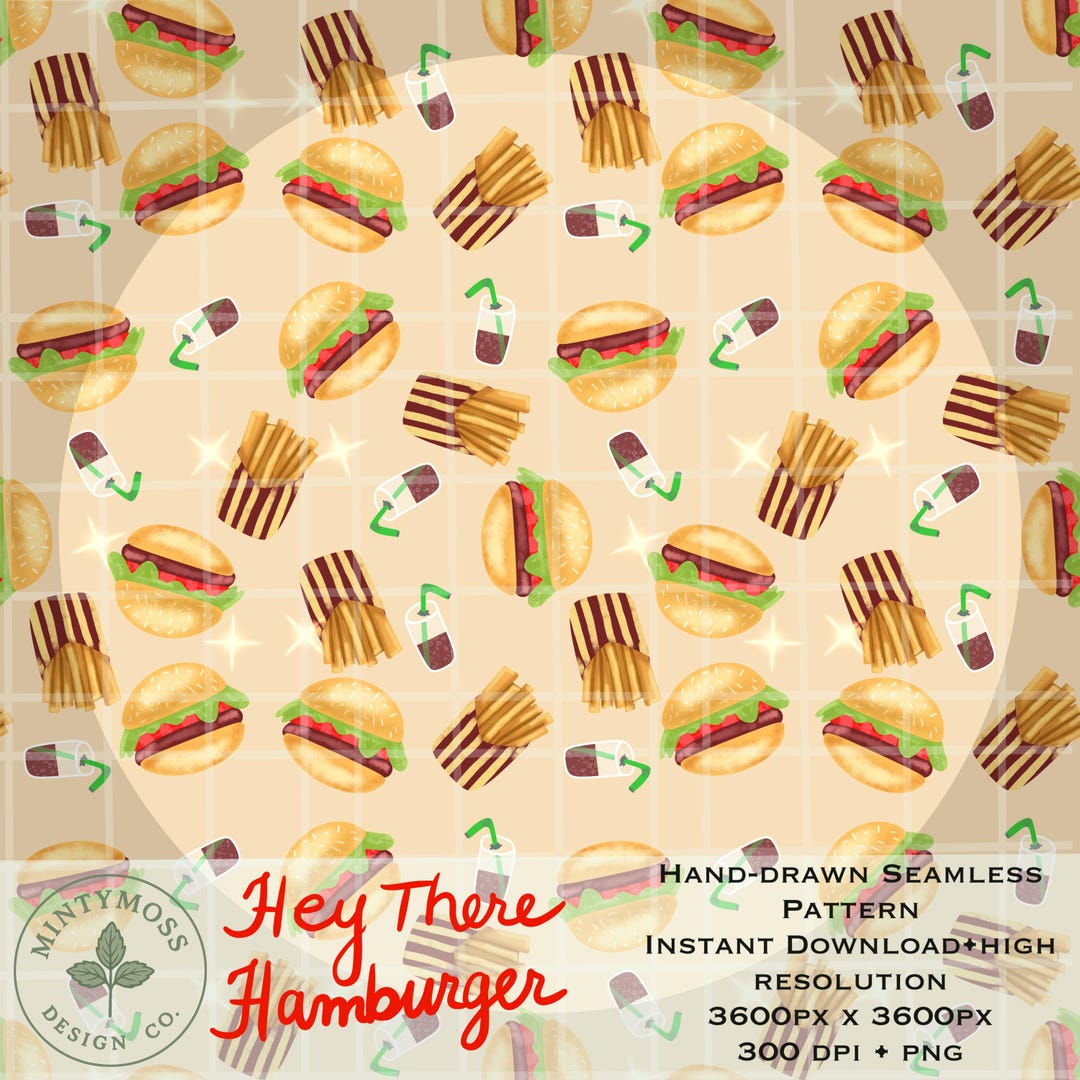 Hamburger Seamless Pattern: Hand-drawn Burger Design (PNG Digital ...