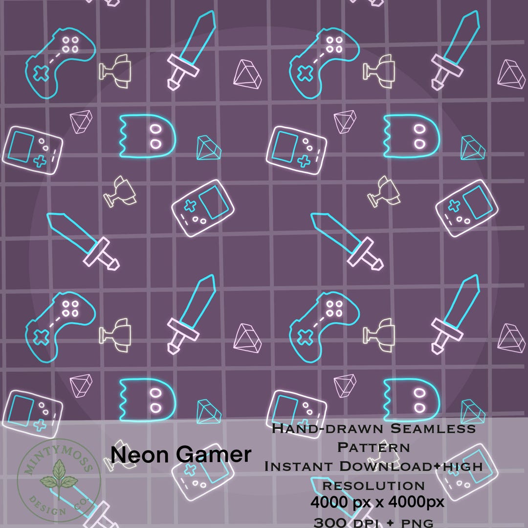 Neon Gamer Seamless Pattern: PNG Digital Paper Vinyl Fabric Surface ...