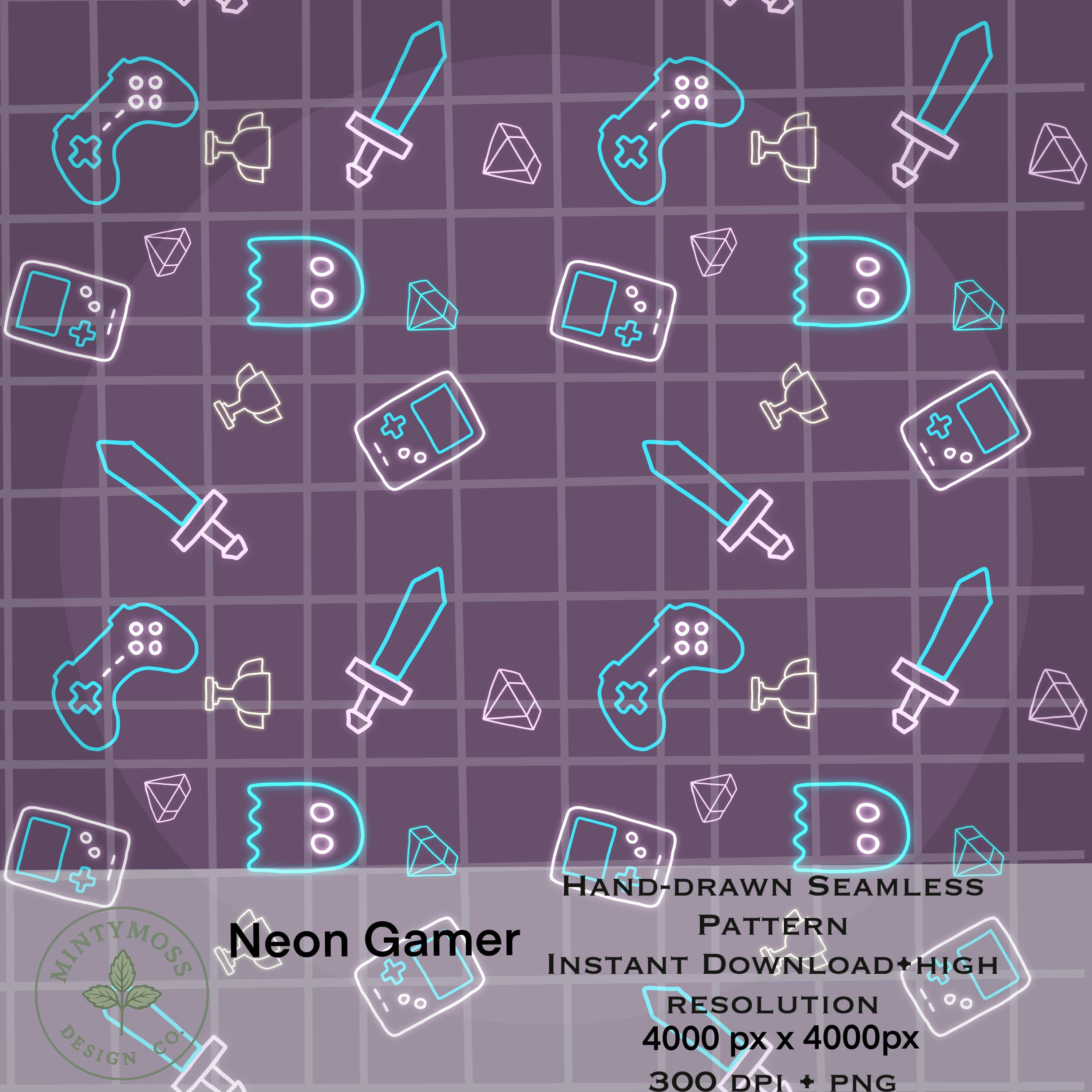 Neon Gamer Seamless Pattern: PNG Digital Paper Vinyl Fabric Surface ...