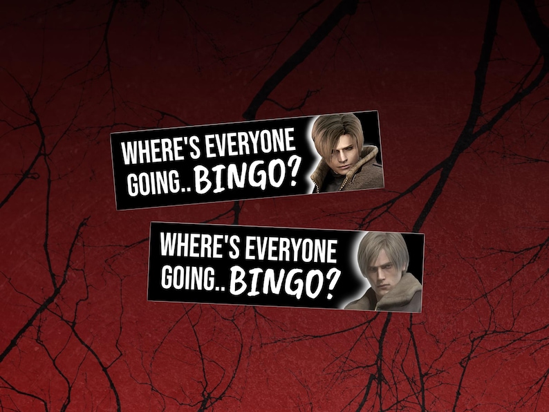 May include: Two black rectangular stickers with the text "WHERE'S EVERYONE GOING.. BINGO?" in white. Each sticker features a portrait of a man with light brown hair. The background is a dark red with tree branches.