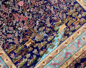 Navy Blue 4x6ft. Silk Oriental Rug - High Quality Luxury Silk Rug - Living Room Rug Navy Blue - Premium Bamboo Silk Rug - Bedroom Rug 4x6ft.