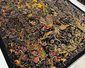 Black 3x5ft. Silk Oriental Rug - High Quality Bamboo Silk Rug - Dragon Garden Design - Living Room Rug Black - Bedroom Rug - Medallion Rug