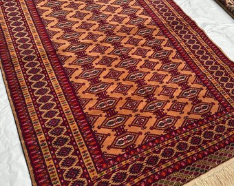 4x6 ft - Vintage Bokhara Area Rug - Hand-knotted Afghan Rug - Tribal Oriental Rug - Turkmen Rug - Geometric Rug - Rustic Decor Rug - 4'4x6'4