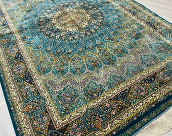 5x7 ft. Turquoise Silk Turkish Style Area Rug, High Quality Bamboo Silk Rug, Entryway Rug, Floral Silk Rug, Livingroom Rug, 4'9 x 7'6 ft.