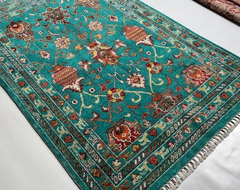 4x6 Turquoise Sultani Floral Rug, Afghan Hand knotted Wool Rug, Oriental Turkmen Rug, Home and Living Room Rug, Kids Room Rug, Office Rug