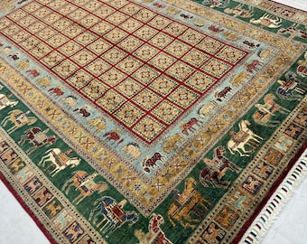 Green 6x8 Pazyryk Area Rug, Hand Knotted Afghan Pictorial Rug, Oriental Living Room Decor Carpet, Boho Bedroom Rug, 5'6 x 7'10 feet