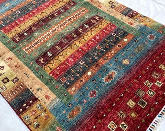 Animal Pattern Gabbeh Rug, Hand Knotted Afghan Tribal Area Rug, Wool Area Carpet, Boho Decor Bedroom Rug, Rug for Living Room (3'10 x 5'9)
