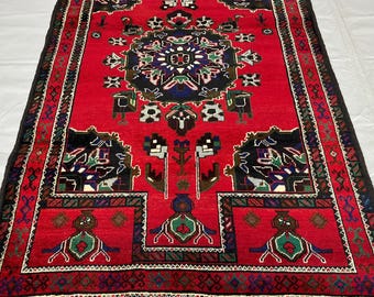 3 x 4'5 ft Medallion Vintage Baluchi Red Rug, Afghan Hand Knotted Rug, Wool Carpet