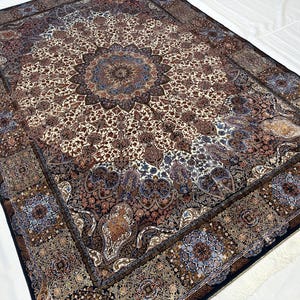 Alfombra de seda negra y marrón de 1,98 x 2,95 m, alfombra turca de lujo de seda de bambú, alfombra para mesa de comedor, alfombra para sala de estar.