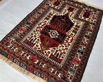 3'2 x 4'5 ft Geometric Vintage Baluchi Wool Rug, Afghan Hand Knotted Rug, Irregular Shape
