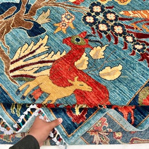 9'8" x 6'5" ft Blue Pictorial Animal Area Rug, Afghan Hand Knotted Rug, Living Room Rug, Kids Room Rug, Dining Table Rug