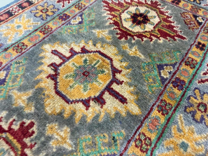 2x3 Ft Kazak Grey Accent Area Rug, Hand Knotted Afghan Rug, Geometric ...