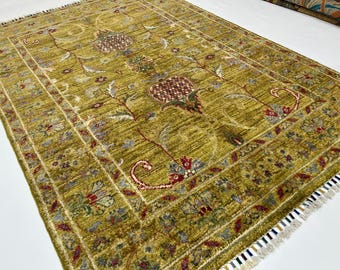 4x6 Green Sultani Rug, Hand Knotted Afghan Rug, Wool Oriental Rug, Kids Room Rug, Rug for Living Room Green, Bedroom Rug 4x6, Office Rug
