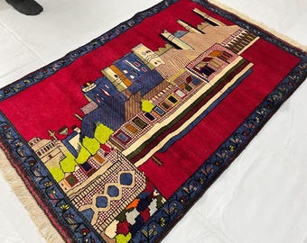 3 x 4'7 Pictorial Castle Design Afghan Rug, Afghan Hand Knotted Wool Rug