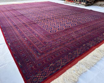 9'7x13'6 piedi. Tappeto d'area afghano belga, tappeto afghano annodato a mano, tappeto orientale in lana, tappeto turkmeno, tappeto Bokhara 10x13, tappeto da tavolo da pranzo, tappeto Kazak