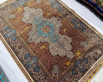 Alfombra oriental de seda de 90 x 150 cm - Alfombra de seda de alta calidad - Alfombra para sala de estar de 90 x 150 cm - Alfombra floral - Alfombra con medallones - Alfombra para dormitorio beige - Beige marrón dorado