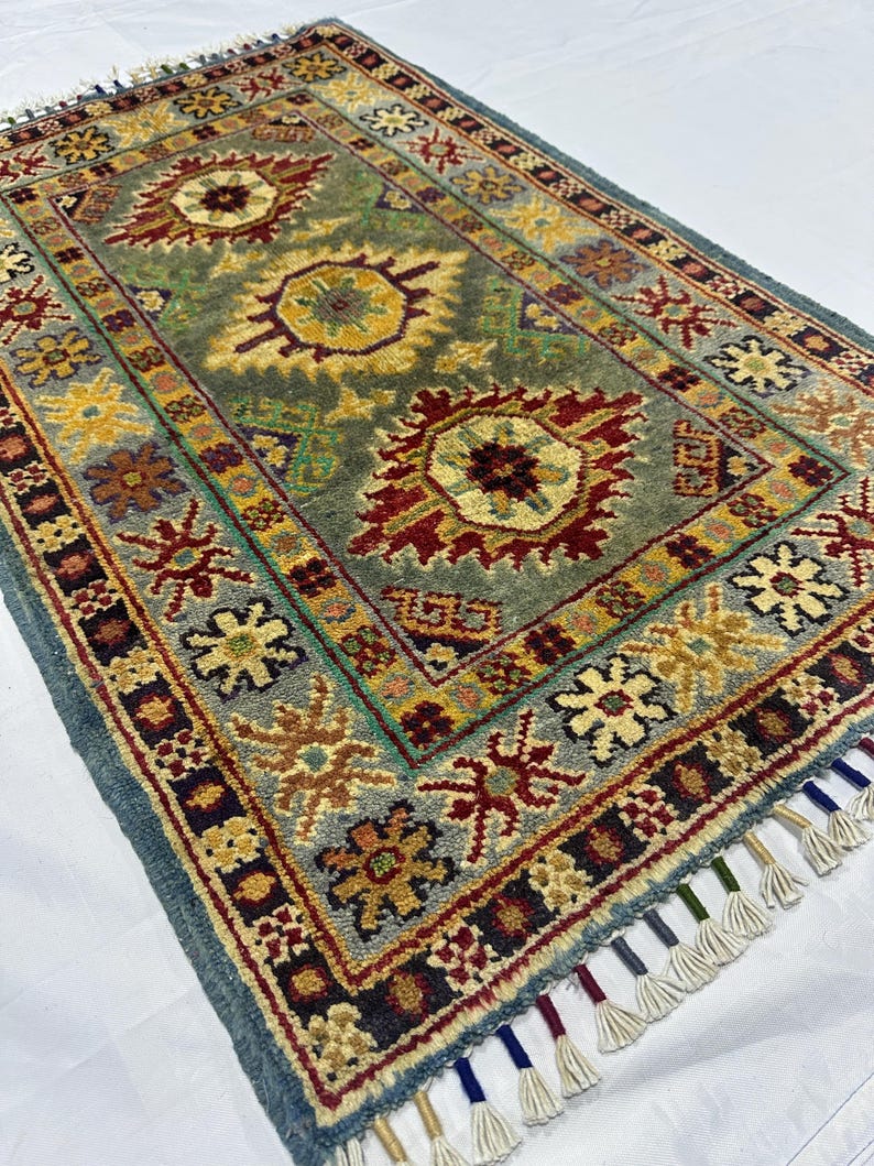 2x3 Ft Kazak Grey Accent Area Rug, Hand Knotted Afghan Rug, Geometric ...