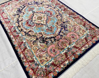 3x5 ft. Blue Turkish Silk Oriental Area Rug, Medallion Style Bamboo Silk Rug, Bedroom Rug, Living Room Rug, Hallway Rug