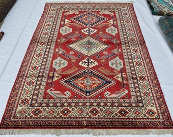 5x7 Kazak Red Area Rug, Afghan Hand-knotted Rug, Home and Livingroom Rug, Bedroom Rug, Entryway Rug, Dining Table Rug, Geometric Rug,
