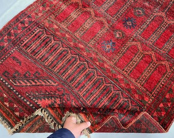 1920s Antique 3x4 ft Turkmen Wool Rug, Low Pile Afghan Hand Knotted Rug