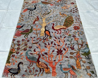 Grey 3x5 ft Afghan Hand Knotted Birds Pictorial Wool Area Rug, Bedroom Decor Carpet, Kids Room Rug, Boho Decor Rug