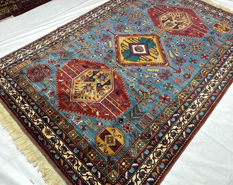 6x9 ft. Blue Qashqai Area Rug, Hand-Knotted Afghan Rug, Boho Living Room Carpet