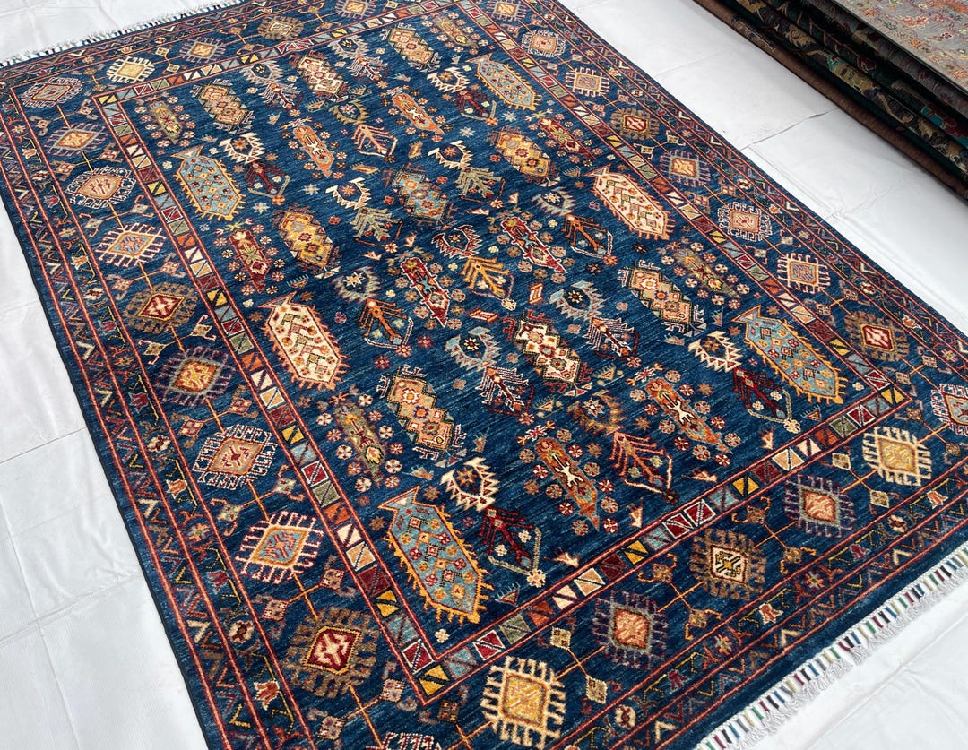 Waziri Rug 5'8 X 7'8 Ft Geometric Blue Waziri Area Rug, Hand Knotted Afghan Rug ...