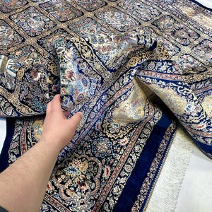 Alfombra de seda azul marino con pájaros de 1,95 x 2,95 m, alfombra turca de lujo de seda de bambú, alfombra para mesa de comedor, alfombra para sala de estar.