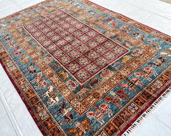 Blue Pazyryk Animal Pattern Rug, Afghan Hand Knotted Rug, Oriental Tribal Rug, Living Room Decor Carpet, Boho Bedroom Decor (5'2" x 7'5")