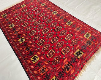 2.8 x 4.3 ft Vintage Bashiri wool Red Rug, Afghan Handmade Distressed Pile Rug