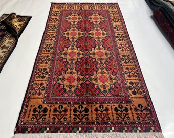 3x6 Tribal Geometric Yusufi Afghan Rug, Hand knotted Oriental Turkmen Rug, Home and Living Room Rug, Kids Room Rug, Turkmen Bokhara Rug
