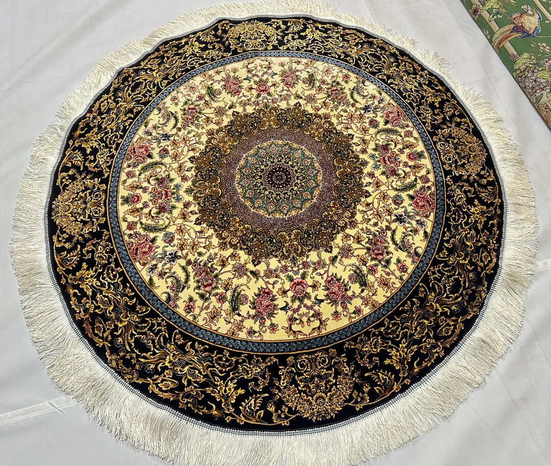 3x3 Ft. Beige & Black Round Silk Rug, High Quality Bamboo Silk Oriental ...