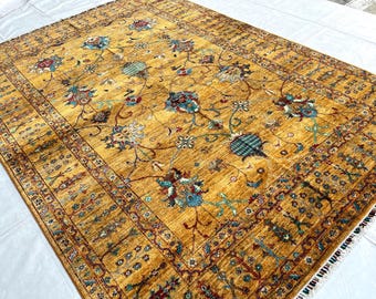 Gold 6x8 ft. Bidjar Area Rug, Hand Knotted Afghan Rug, Veg Dye Wool, Living Room Rug, Boho Decor Bedroom Rug, Hallway Rug 5'8x7'9