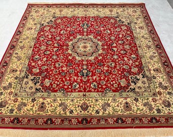 Dywan orientalny z jedwabiu i wełny w kolorze czerwonym, 7 x 7 stóp, z kwiatowym wzorem, ręcznie tkany dywan orientalny w stylu vintage, dywan do salonu, dywan do sypialni, dywan do przedpokoju, 6'9 x 6'9 stóp