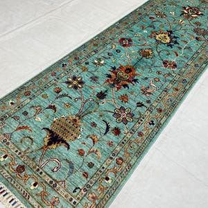 7 ft. Sultani Turquoise Runner Rug, Hand-Knotted Afghan Runner, Hallway Runner, Boho Corridor Runner, Oriental Rug, Bedroom Rug
