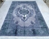 6'4 x 9'8 ft. Large Turkish Silk Area Rug, Luxury Oriental Bamboo Silk Carpet, Steel Blue Grey Palette, Oriental Design, Home Entry Rug