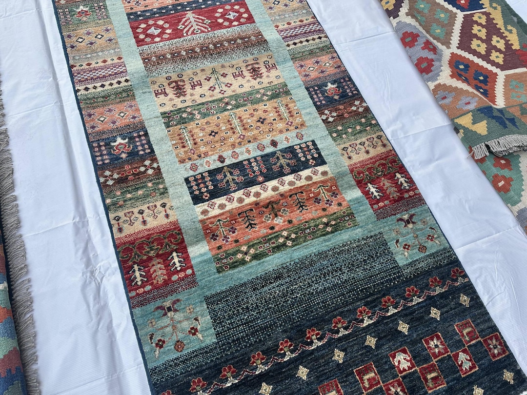 3x8 Turquoise Blue Gabbeh Runner Rug, 2’8x7’10 Hand Knotted Afghan Rug ...