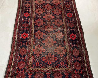 1920s Antique 3x5 ft Caucasian Afghan Rug, Low Pile Hand Knotted Rug