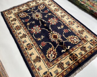 2'8 x 3'11 ft Navy Blue Floral Sultani Rug, Afghan Hand Knotted Wool Rug, Home & Livingroom Rug, Afghan Oriental Turkmen Rug, Bedroom Rug