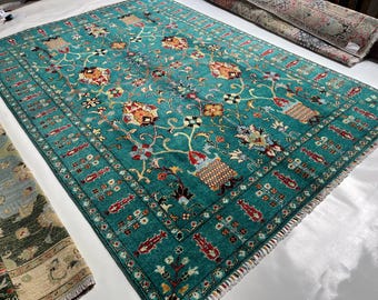 6x9 ft. Sultani Floral Afghan Rug, Hand Knotted Oriental Wool Rug, Turkmen Sultani Rug, Living Room Rug Blue, Dining Room Rug, Entryway Rug